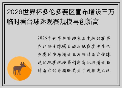 2026世界杯多伦多赛区宣布增设三万临时看台球迷观赛规模再创新高