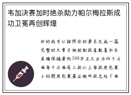 韦加决赛加时绝杀助力帕尔梅拉斯成功卫冕再创辉煌